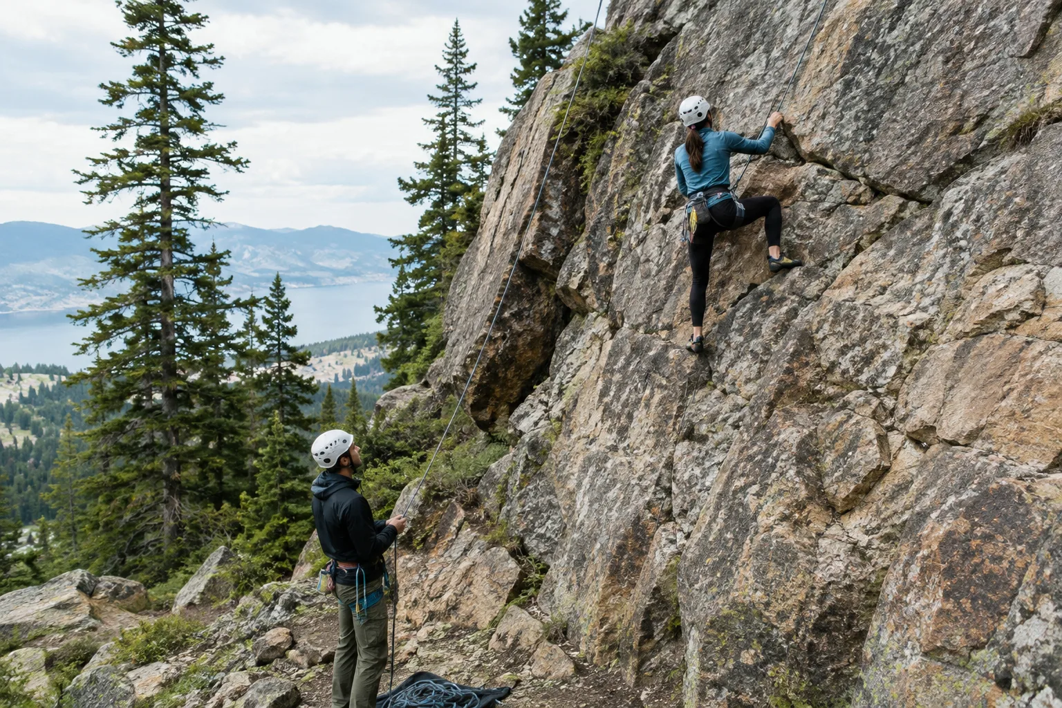 Un moniteur présente l’équipement de sécurité à une personne qui s’initie à l’escalade en falaise.