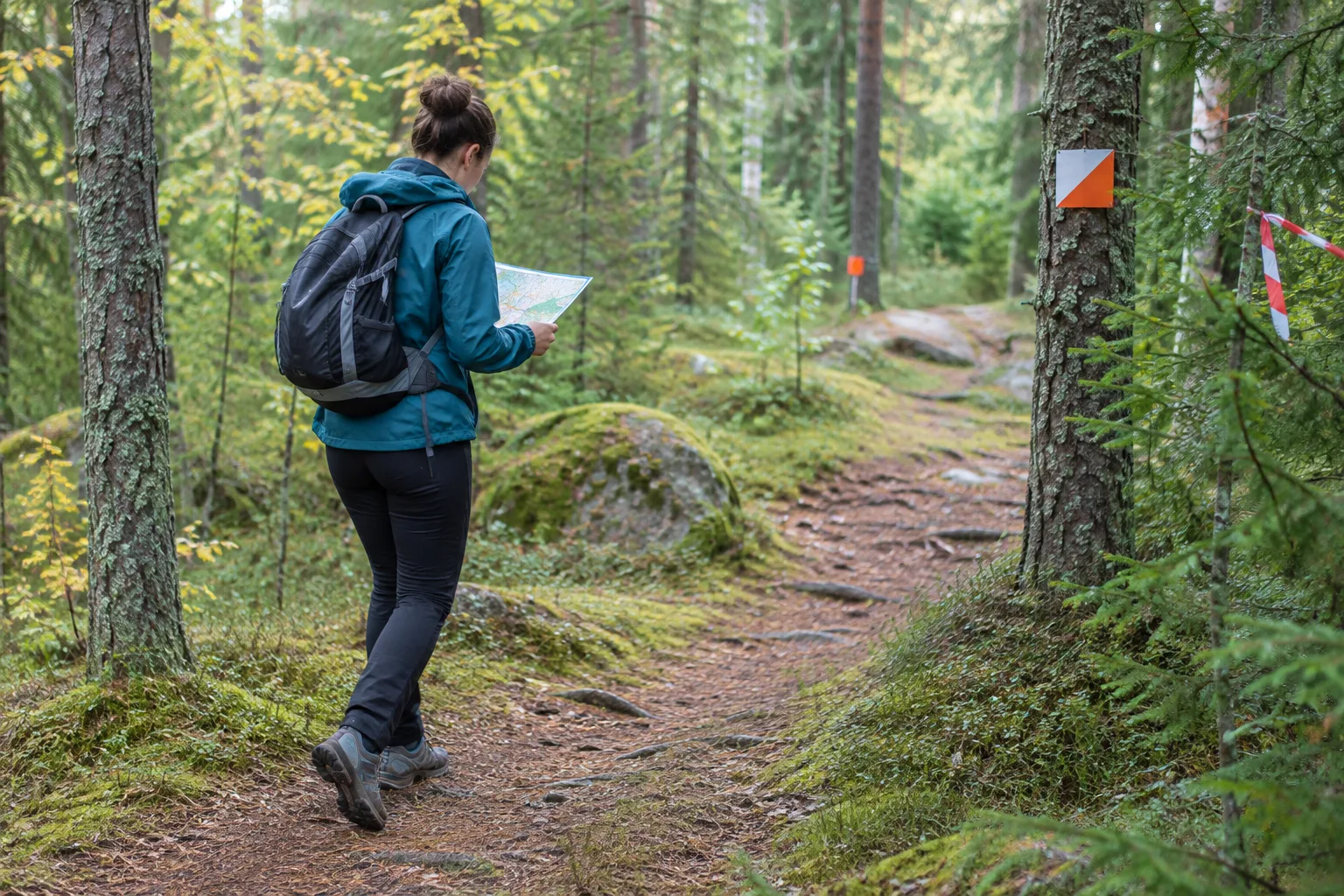 Une personne marche sur un sentier boisé en consultant sa carte d’orientation.
