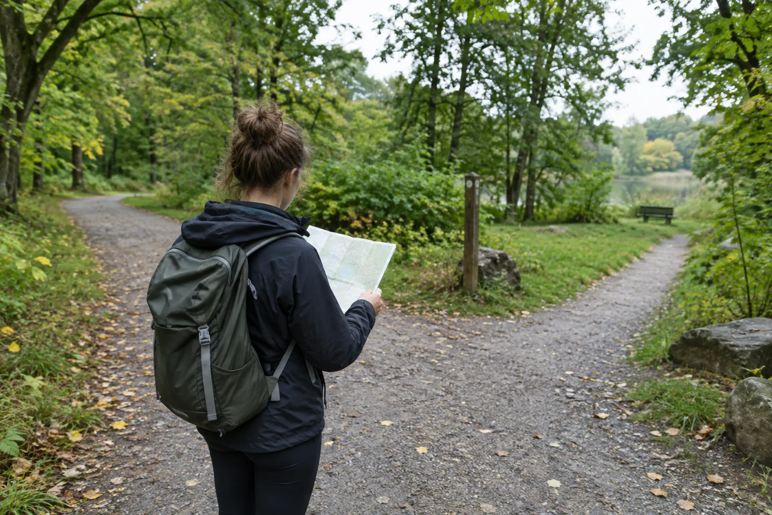 Une personne consulte une carte à un carrefour de sentiers dans un parc.