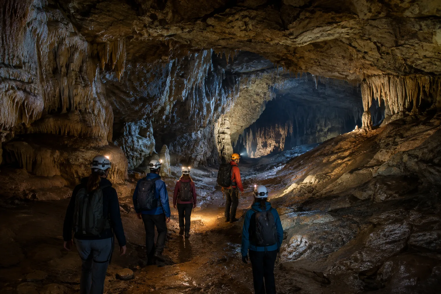 Un groupe équipé de casques et de lampes découvre une large cavité avec un encadrant.
