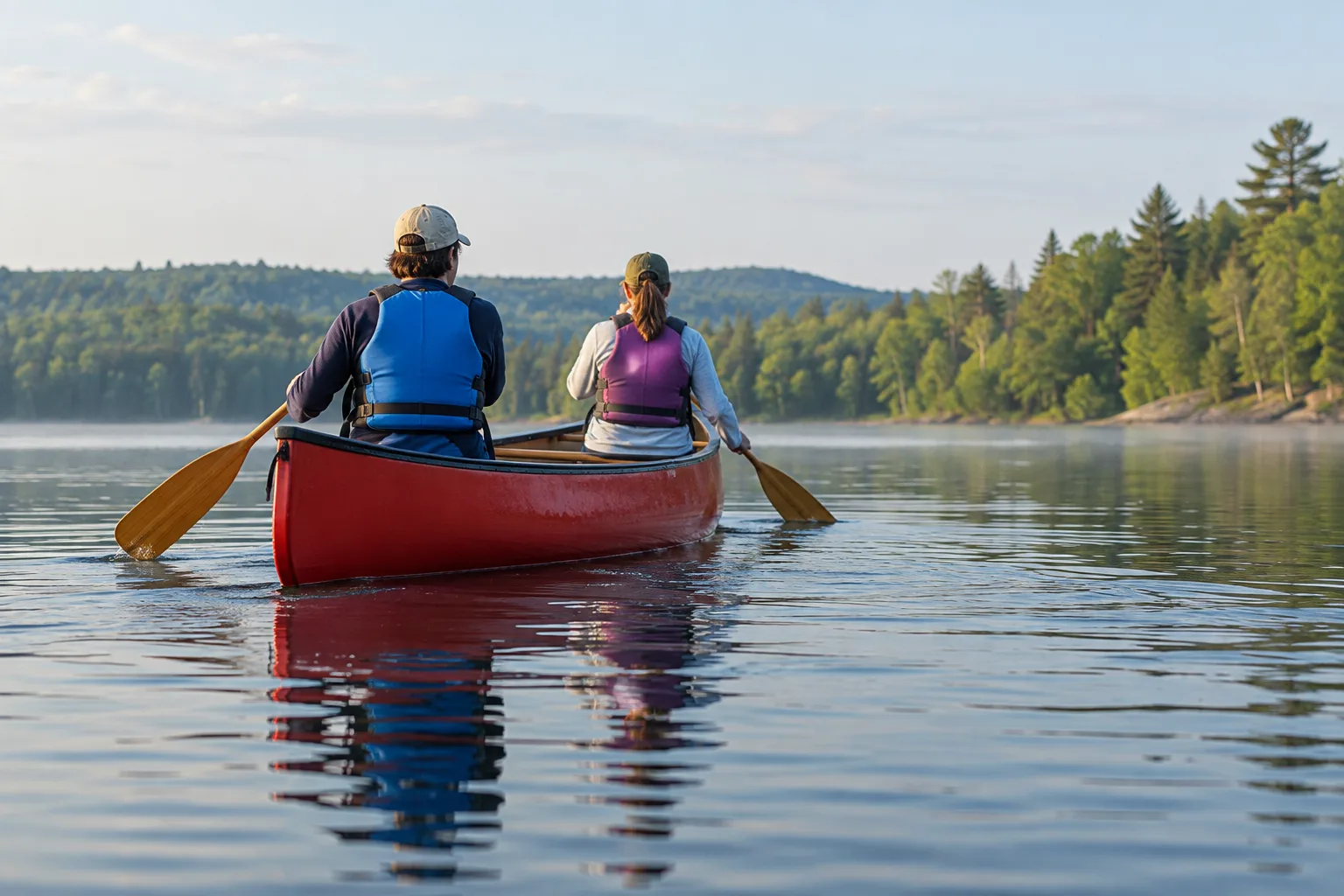 Deux personnes en gilet de flottabilité pagaient sur un lac calme dans un canoë rouge.