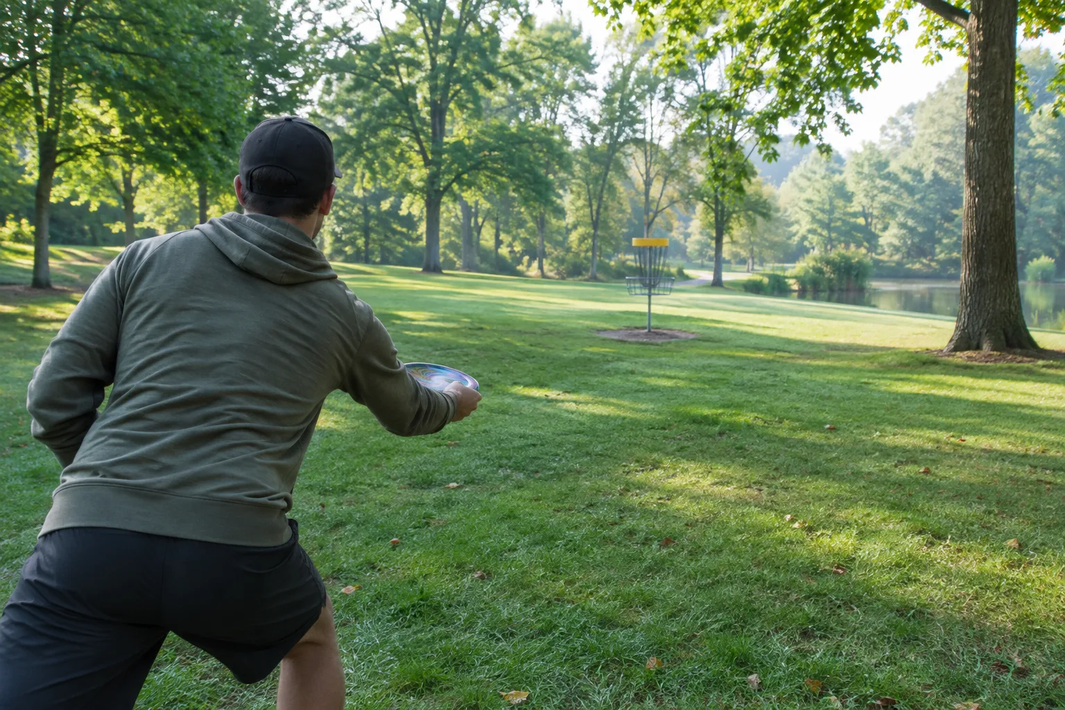 Un joueur s’apprête à lancer un disque vers un panier sur un parcours de disc golf arboré.