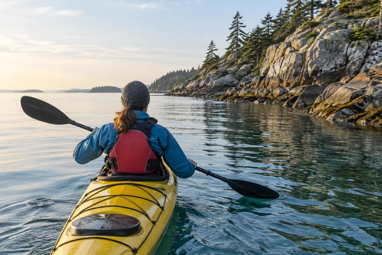 Une personne en kayak longe une côte rocheuse par mer calme.
