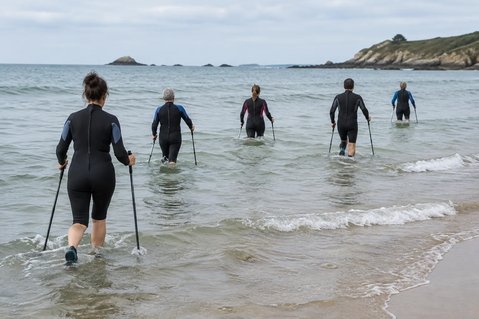 Un petit groupe marche dans l’eau peu profonde le long d’une plage.
