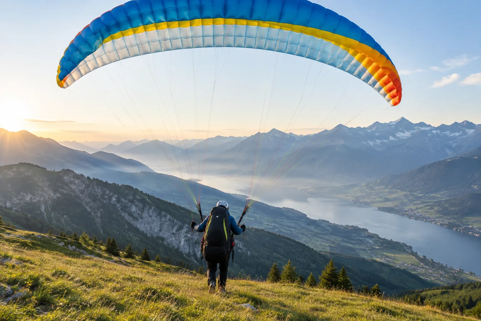 Un parapentiste prépare sa voile sur une pente herbeuse, face à un paysage de montagne.