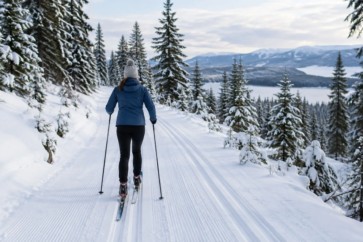 Une personne en ski de fond avance sur une piste enneigée bordée d’arbres.