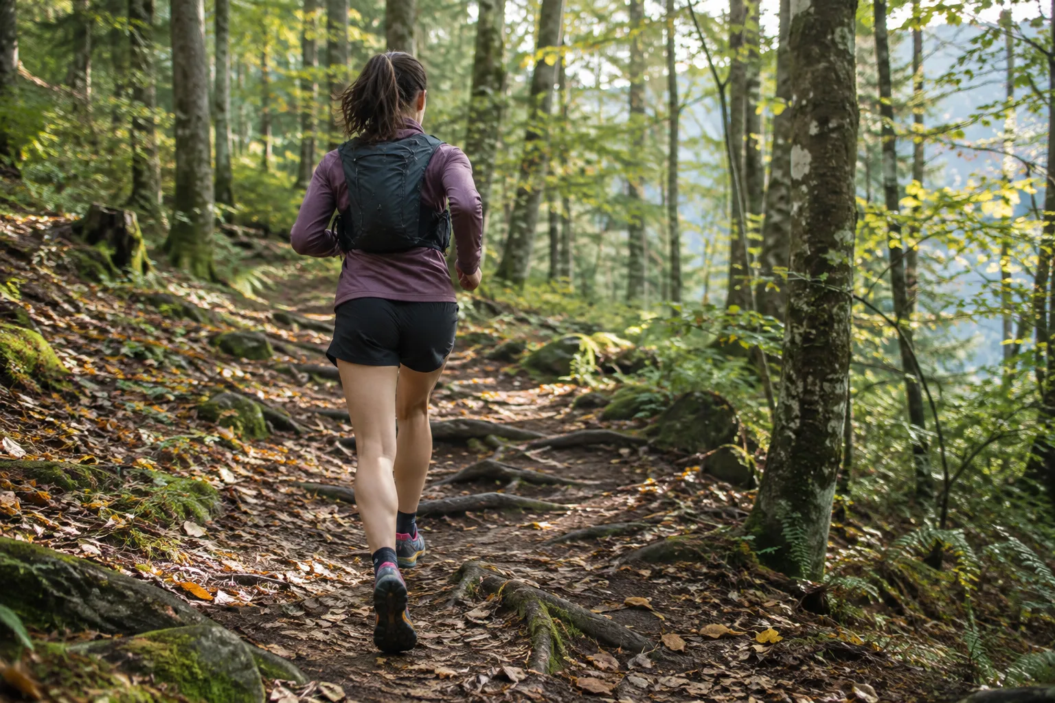 Une personne découvre le trail sur un sentier forestier aux reliefs modérés.