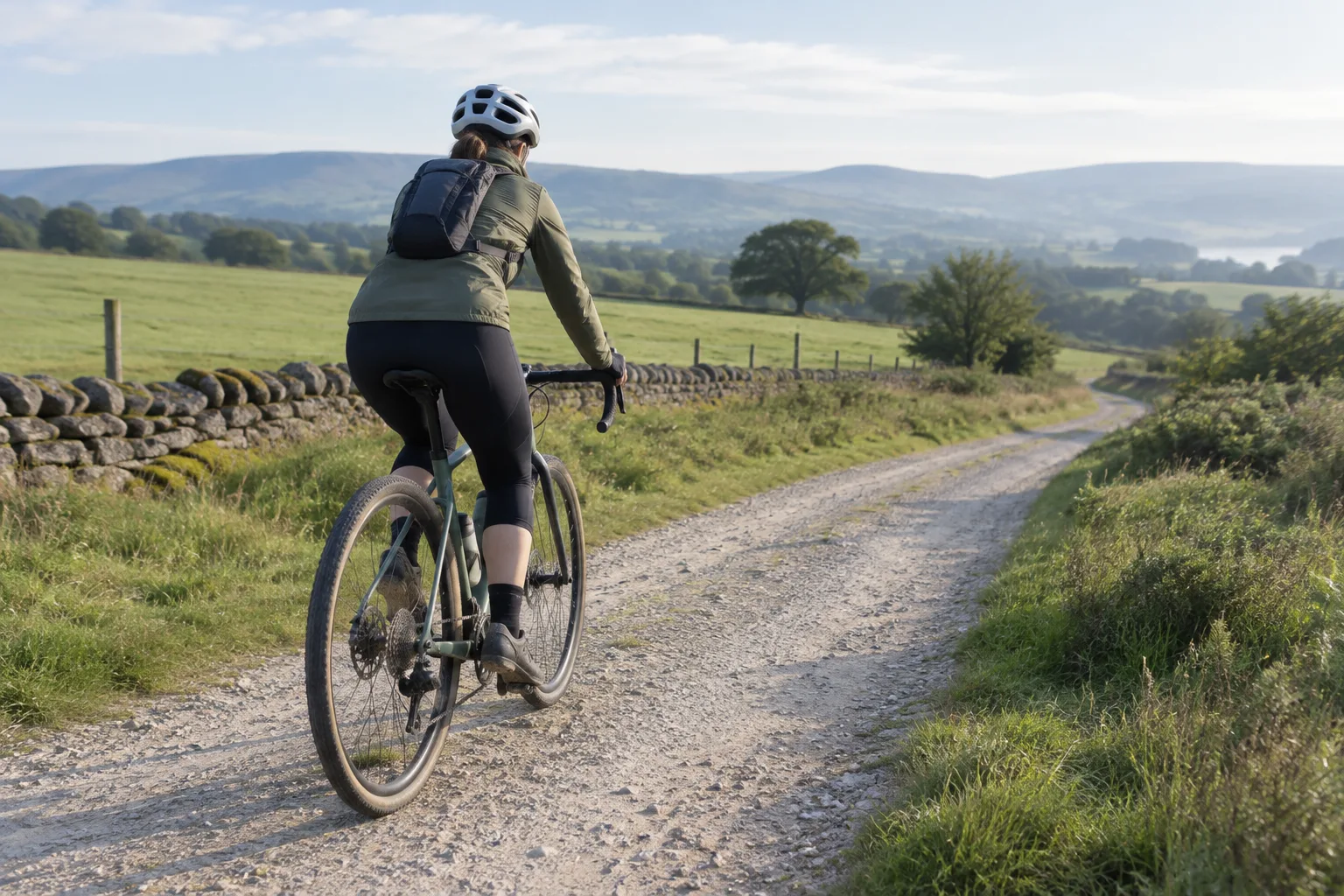 Cycliste débutant roulant sur un chemin de terre avec un vélo gravel.