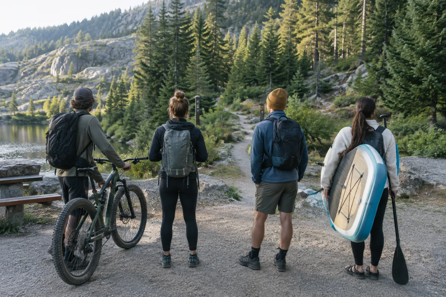 Des pratiquants préparent leur matériel près d’un sentier, avec un vélo et une planche de paddle.